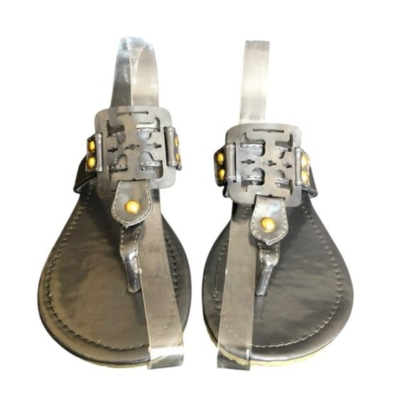 Tory Burch Miller Sandals Gunmetal Leather Thong Size 7 Metallic - Picture 7 of 15